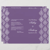 Programme de mariage pliable violet et blanc Damas (Devant / Derrière)