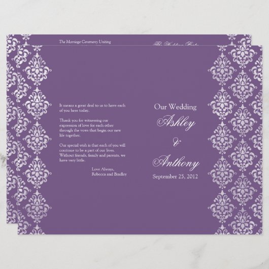 Programme de mariage pliable violet et blanc Damas (Devant / Derrière)