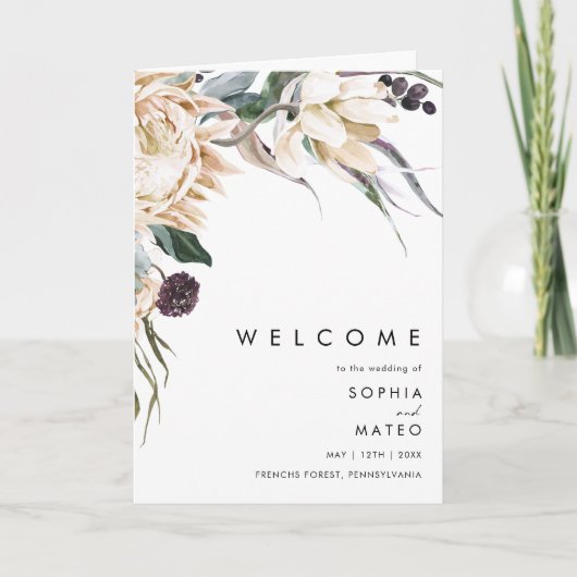 Programme de mariage plié à la florale blanche (Devant)