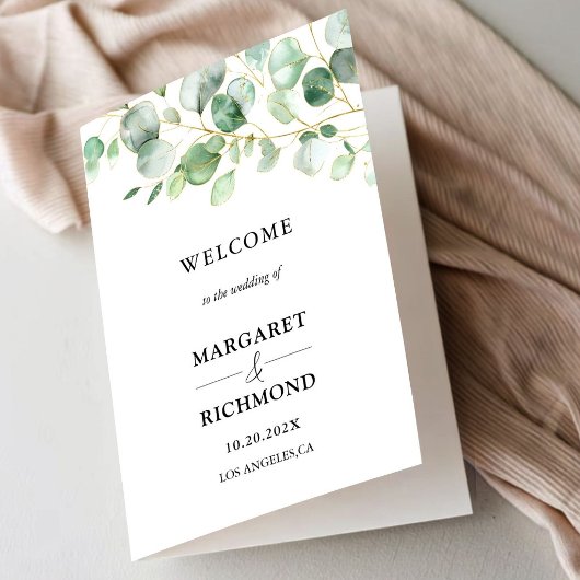 Programme de mariage plié à la verdure d'eucalyptu