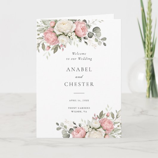 Programme de mariage plié à la verdure rose Floral (Devant)