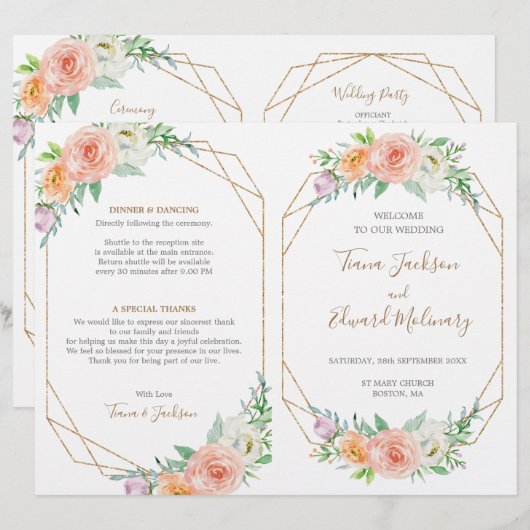 Programme de mariage plié aux fleurs d'aquarelle g (Devant / Derrière)