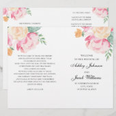 Programme de mariage plié avec des fleurs roses et (Devant / Derrière)