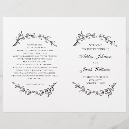 Programme de mariage plié. Botanique noir et blanc (Devant)