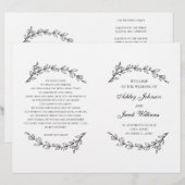 Programme de mariage plié. Botanique noir et blanc (Devant / Derrière)