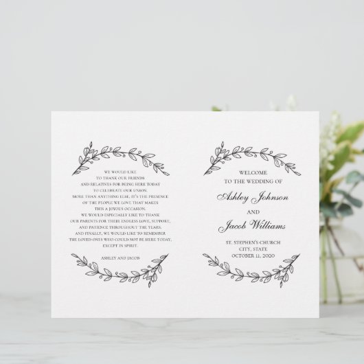 Programme de mariage plié. Botanique noire et blan (Debout devant)