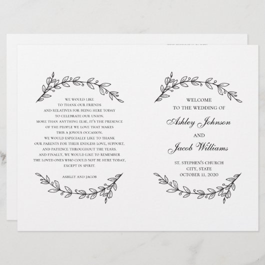 Programme de mariage plié. Botanique noire et blan (Devant / Derrière)