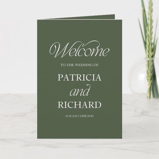 Programme de mariage plié calligraphié vert forêt (Devant)