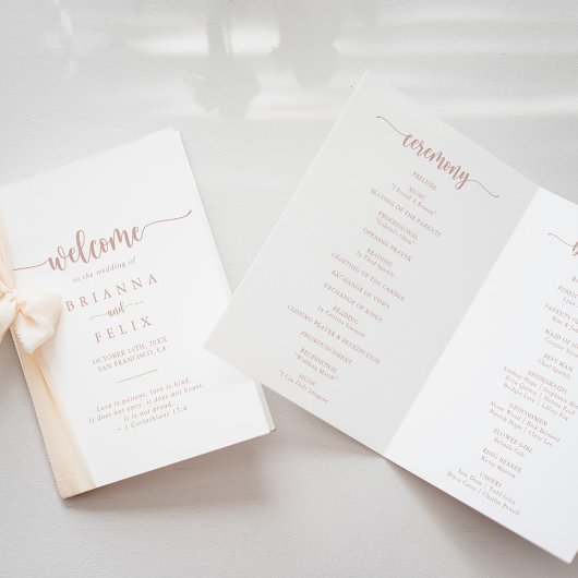 Programme de mariage plié de calligraphie or rose