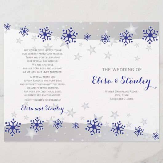 Programme de mariage plié de flocons de neige bleu (Devant)