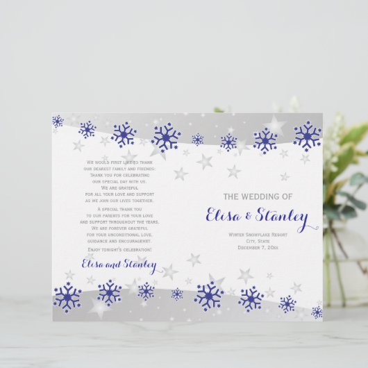 Programme de mariage plié de flocons de neige bleu (Debout devant)