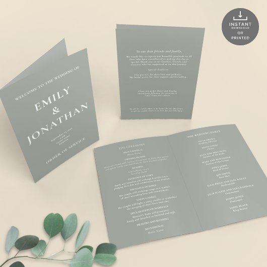 Programme de mariage plié de l'église Sage imprima
