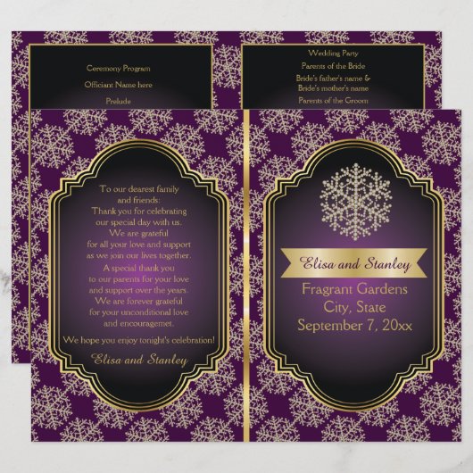 Programme de mariage plié d'or, de flocon de neige (Devant / Derrière)