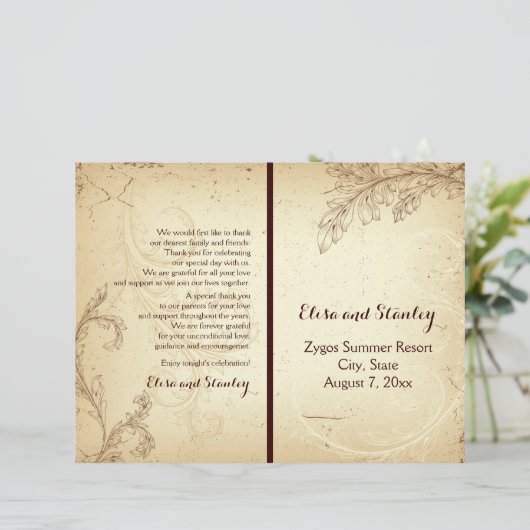 Programme de mariage plié feuille de parchemin bei (Debout devant)