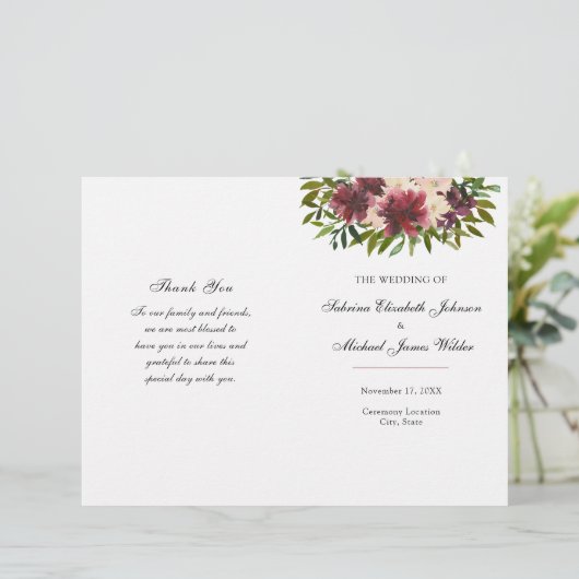 Programme de mariage plié floral bordeaux (Debout devant)