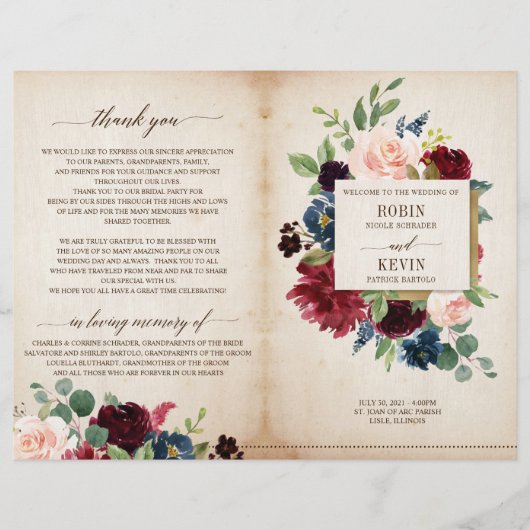 Programme de mariage plié Floral de la marine de B (Devant)