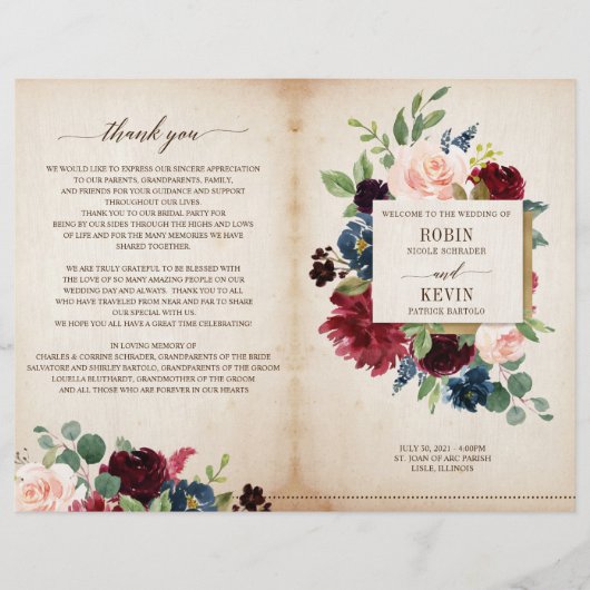 Programme de mariage plié Floral de la marine de B (Devant)