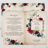 Programme de mariage plié Floral de la marine de B (Devant / Derrière)