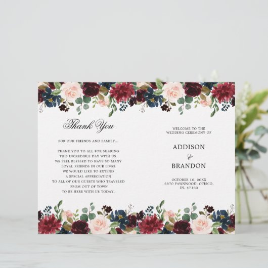 Programme de mariage plié Floral de la marine de B (Debout devant)