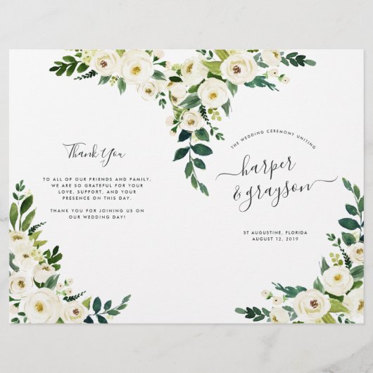 Programme de mariage plié floral en albâtre (Devant)