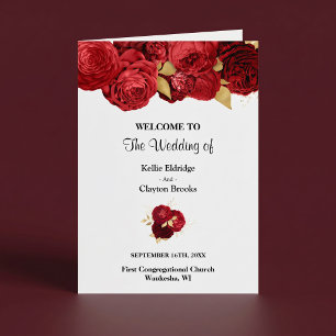 Programme de mariage plié floral rouge et or