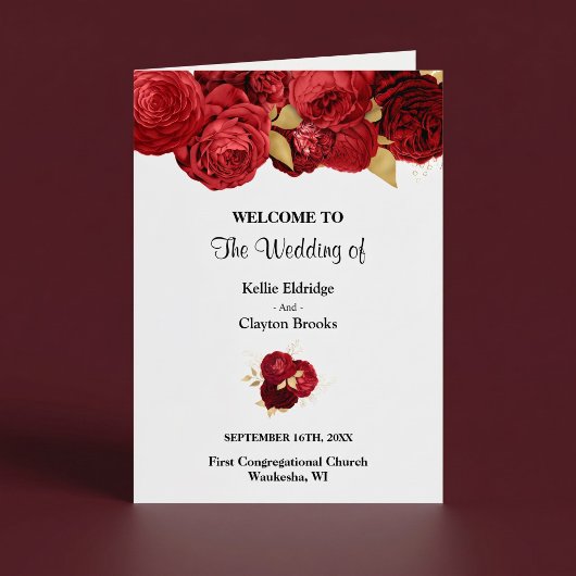 Programme de mariage plié floral rouge et or