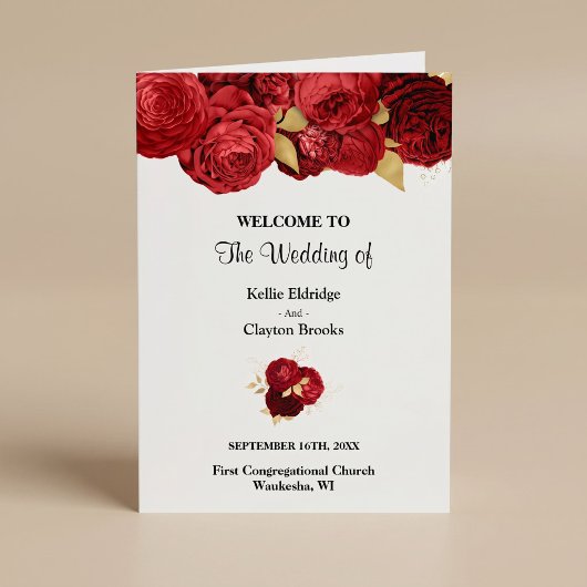 Programme de mariage plié floral rouge et or