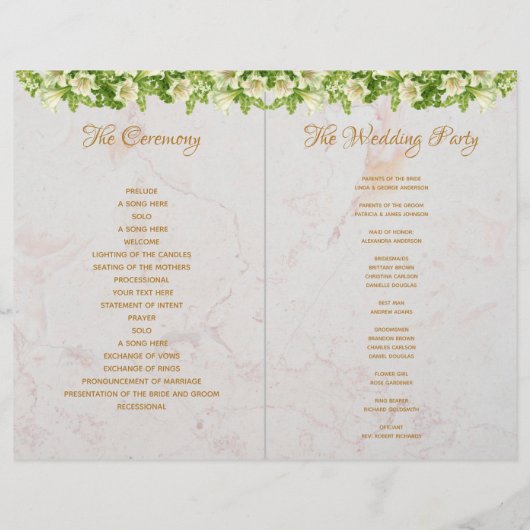 Programme de mariage plié - Lys blancs en marbre o (Dos)