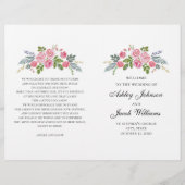 Programme de mariage plié. Roses roses. Fleurs de  (Devant)