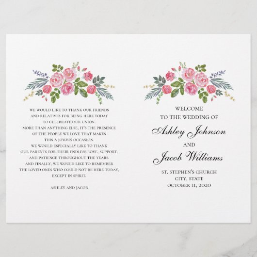 Programme de mariage plié. Roses roses. Fleurs de (Devant)