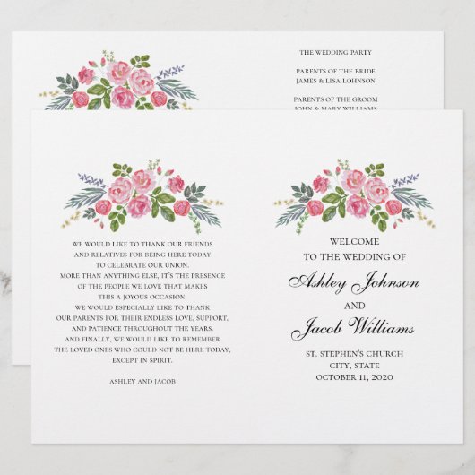 Programme de mariage plié. Roses roses. Fleurs de  (Devant / Derrière)