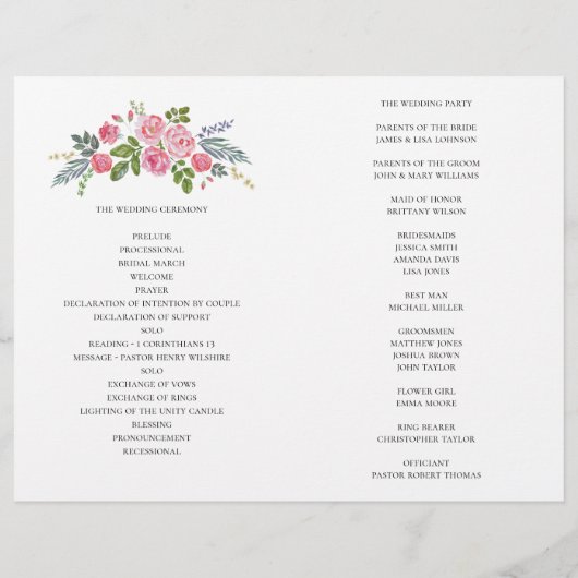 Programme de mariage plié. Roses roses. Fleurs de (Dos)