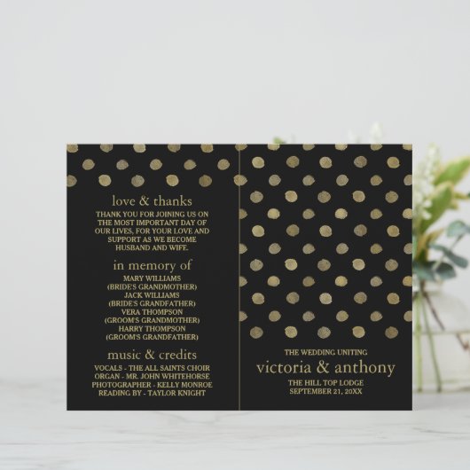 Programme de mariage Pois Black & Gold moderne (Debout devant)
