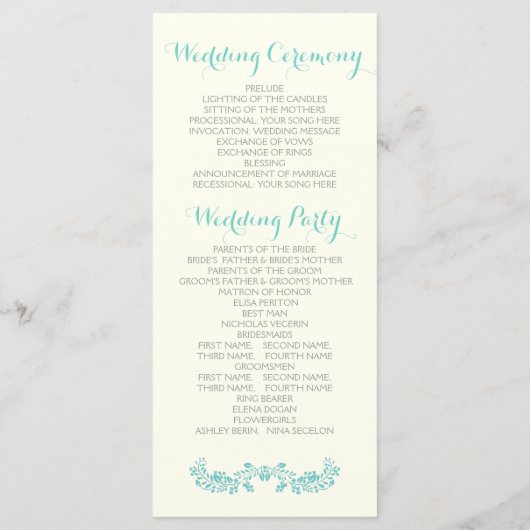 Programme de mariage pour cadre de feuillage bleu (Dos)