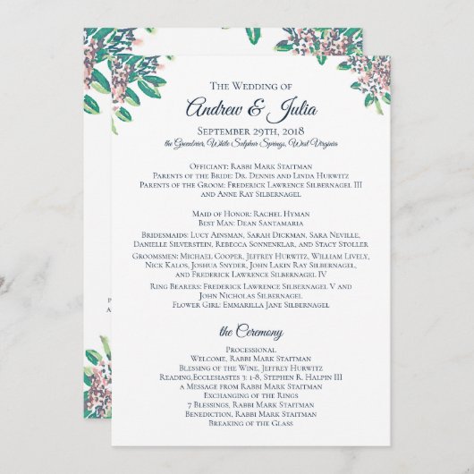 Programme de mariage pour Julia et Andrew (Devant / Derrière)