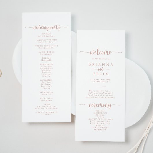 Programme de mariage pour la calligraphie or rose