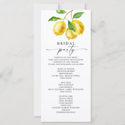 Programme de mariage pour l'aquarelle citron (Dos)