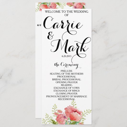 Programme de mariage pour les pivoines printanière (Devant / Derrière)