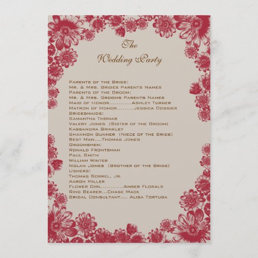 Programme de mariage pour marguerites rouges et be (Dos)