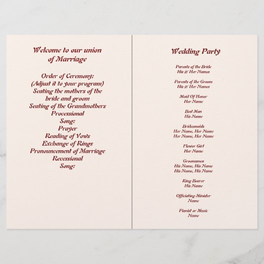 Programme de mariage pour mariées et mariées perso (Dos)