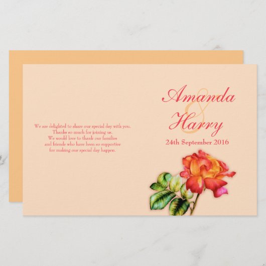 Programme de mariage pour rose de thé jaune orange (Devant / Derrière)