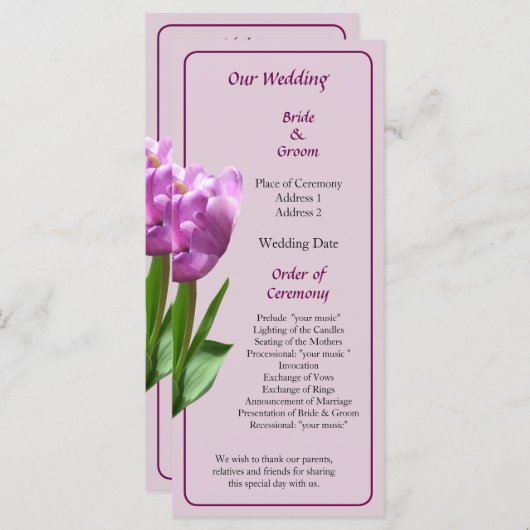 Programme de mariage pour tulipes roses (Devant / Derrière)