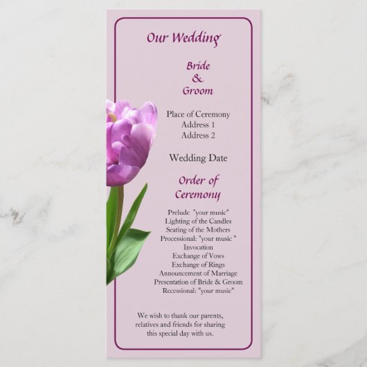 Programme de mariage pour tulipes roses (Devant)