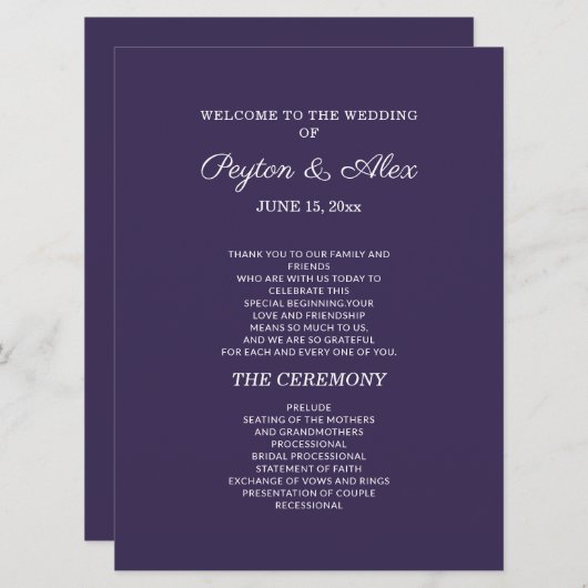 Programme de mariage prune violet double face (Devant / Derrière)