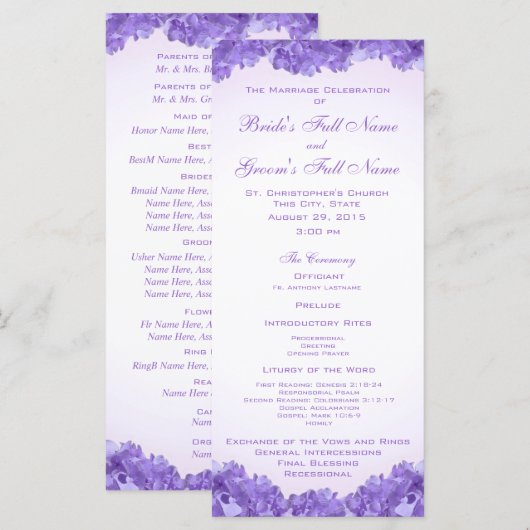 Programme de mariage Purple Hydrangeas (Devant / Derrière)