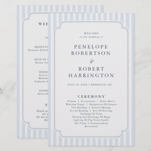 Programme de mariage rayé bleu poussiéreux Moderne (Devant / Derrière)