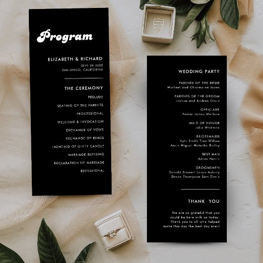 Programme de mariage rétro élégant noir et blanc