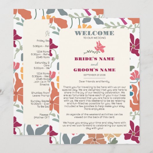 Programme de mariage rétro floral Boho Chic (Devant / Derrière)
