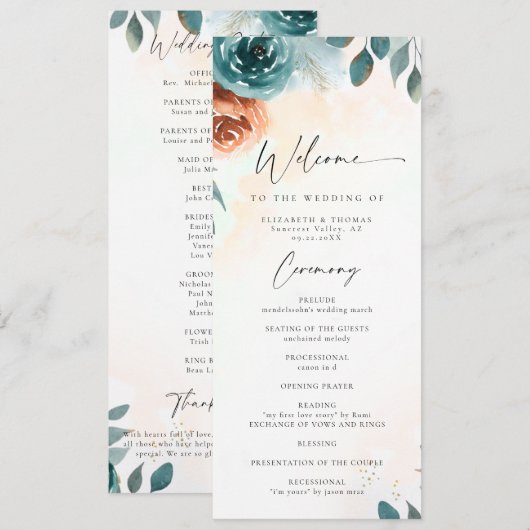 Programme de mariage romantique automnal sarcelle (Devant / Derrière)