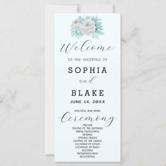 Programme de mariage romantique blanc floral bleu (Devant)